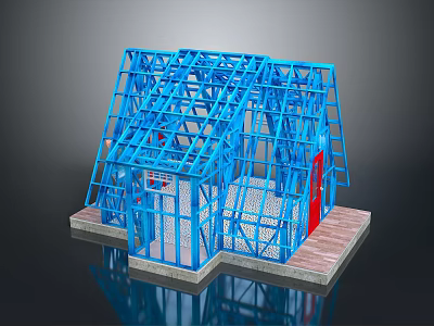 Blue Building Frame Model Of House Structure With Red Door And Foundation Base 3d model