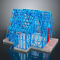 Blue Building Frame Model Of House Structure With Red Door And Foundation Base