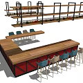 Modern Bar Counter With Blue Beige Stools And Overhead Shelves With Bottles