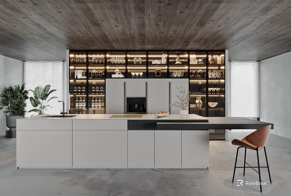 Modern Kitchen Interior With Glass Display Cabinets White Cabinets Island Counter And Brown Chair 3d model 
