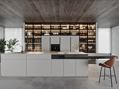 Modern Kitchen Interior With Glass Display Cabinets White Cabinets Island Counter And Brown Chair 3d model