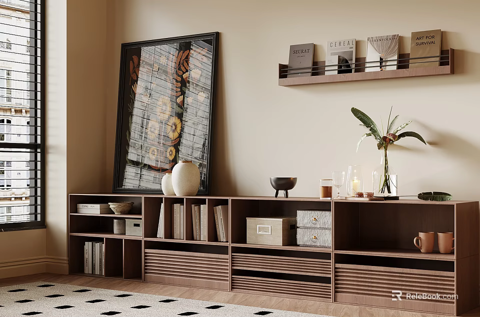 Modern Wooden Bookcase Interior With Storage Boxes Books And Decorative Vase 3d model 