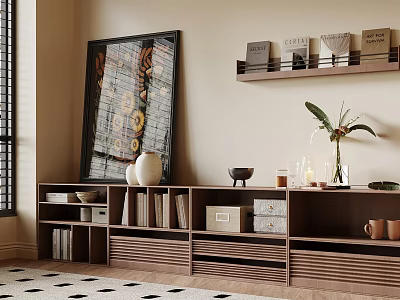 Modern Wooden Bookcase Interior With Storage Boxes Books And Decorative Vase 3d model