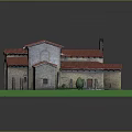 Historic Architectural Model With Red Tiled Roofs Stone Walls And Cross Tower