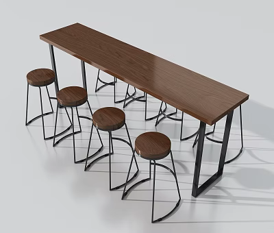 Wooden Bar Counter With Black Metal Frame And Four Wooden Bar Stools 3d model