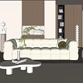Modern Beige Puffy Sofa and Coffee Table Set with Black Pillow Green Plant Wooden Backdrop