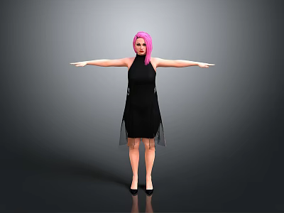 A woman with pink hair in black dress arms outstretched against gray background 3d model