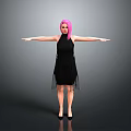 A woman with pink hair in black dress arms outstretched against gray background