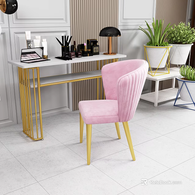 Modern Dressing Table With White Top Gold Legs Pink Tufted Chair Cosmetics And Plants 3d model 