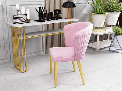 Modern Dressing Table With White Top Gold Legs Pink Tufted Chair Cosmetics And Plants 3d model
