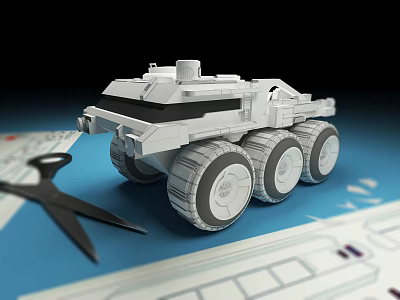 White Model Armored Vehicle With Large Wheels On Blueprint With Scissors 3d model