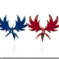 Blue And Red Winged Decorative Sculptures With Flame Like Feathers Design