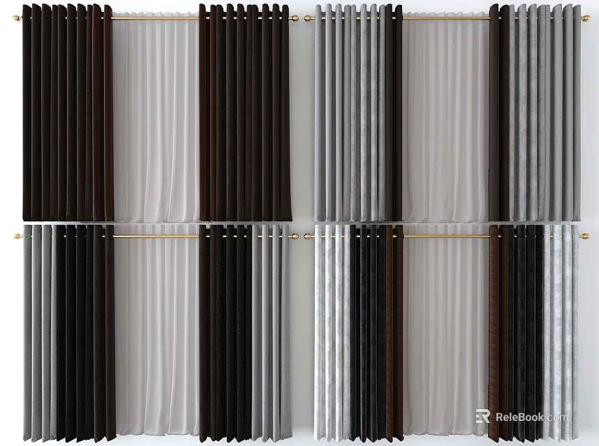 Modern Curtains In Black White Gray Tones With Stylish Design For Home 3d model 