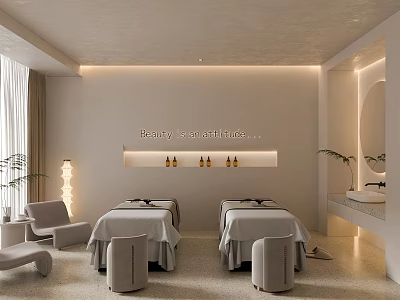Minimalist SPA Interior With Massage Beds Chairs And Ambient Lighting 3d model