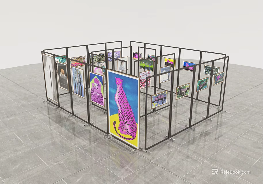 Art Exhibition Display Stand With Various Colorful Paintings And Artworks Showcase 3d model 