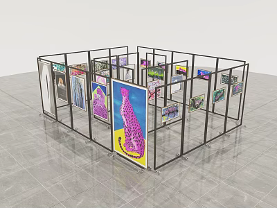 Art Exhibition Display Stand With Various Colorful Paintings And Artworks Showcase 3d model