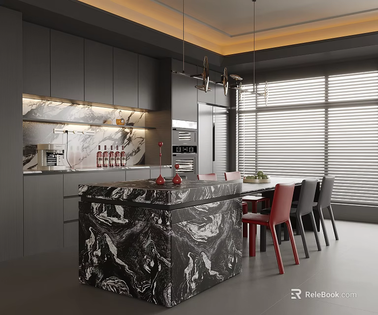 Modern Restaurant Interior With Black Cabinets Marble Island Red Chairs And Large Windows Blinds 3d model 