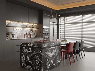 Modern Restaurant Interior With Black Cabinets Marble Island Red Chairs And Large Windows Blinds 3d model
