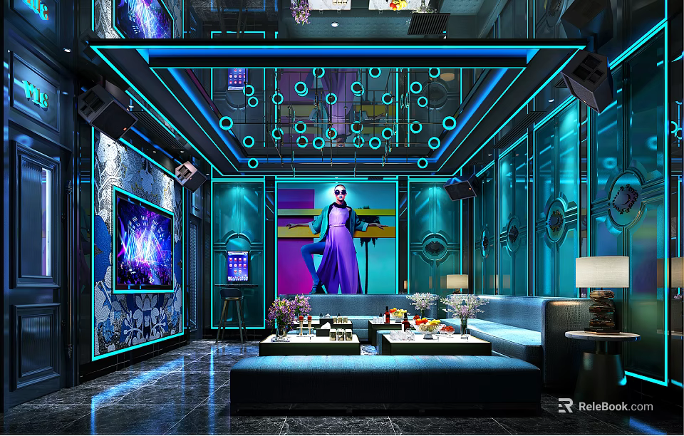 Modern Stylish KTV Lounge Interior With Neon Lights Comfortable Sofas Large Screen And Decorative Elements 3d model