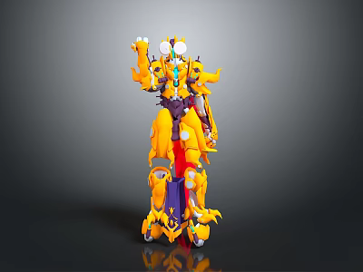Detailed Yellow And Purple Robot Model With Multiple Joints Mechanical Structure Standing On Gray Background 3d model