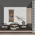 Japanese Style Tea Room with Tatami Floor Low Wooden Table Scroll Painting and Lattice Screen