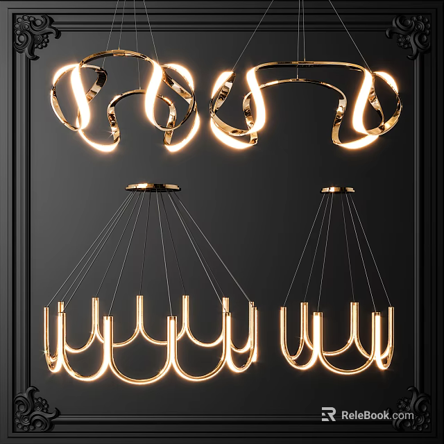 Stylish Modern Chandeliers With Curved Metal Frame And Illuminated Design 3d model 