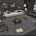 Modern Living Room Sofa And Coffee Table Set With Bookshelf Plant Leather Chairs And Window