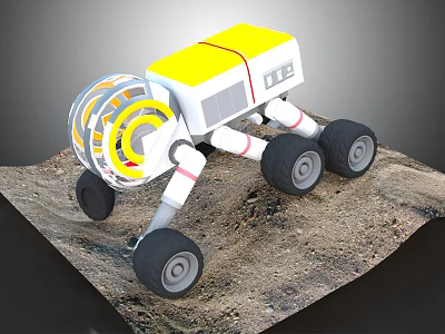 Lunar Rover With Yellow Top White Body And Large Wheels On Moon Sandy Terrain 3d model