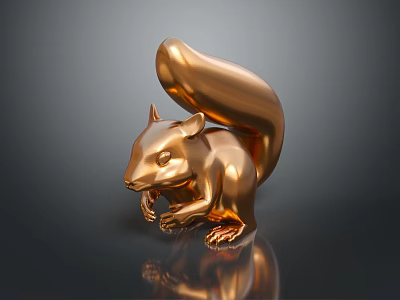 Golden Squirrel Sculpture with Shiny Surface and Clear Reflection on Dark Background 3d model