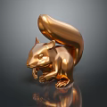 Golden Squirrel Sculpture with Shiny Surface and Clear Reflection on Dark Background 3d model