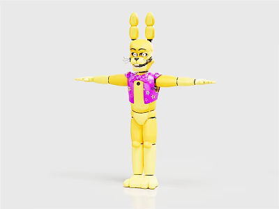 Yellow Wooden Figure With Rabbit Ears And Pink Polka Dot Vest Arms Outstretched 3d model