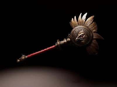 Game Movie Character Holding Golden Scepter With Red Handle And Floral Emblem 3d model
