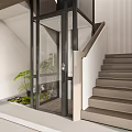 Modern Interior With Wooden Staircase Glass Elevator And Green Plants