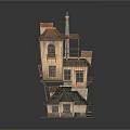 Cartoon Scene Featuring Tall Crooked Multi Story Wooden House With Red Roof Windows And Chimney