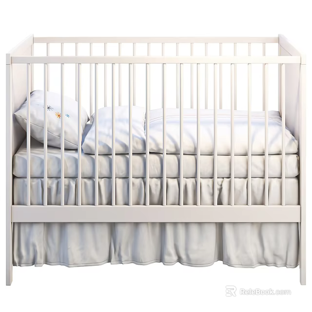 White Baby Crib With Light Colored Sheets Pillow And Ruffled Bed Skirt 3d model 