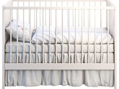 White Baby Crib With Light Colored Sheets Pillow And Ruffled Bed Skirt 3d model