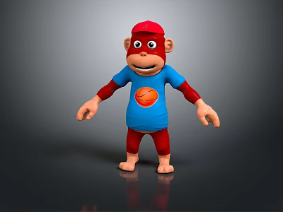 Cartoon Monkey Character In Red Hat Blue Tshirt With Basketball Design And Red Limbs 3d model