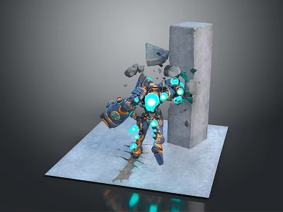 Game Movie Mechanical Character With Blue Glowing Parts Destroying Stone Pillar And Debris 3d model