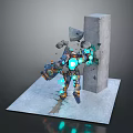 Game Movie Mechanical Character With Blue Glowing Parts Destroying Stone Pillar And Debris