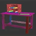 Wooden Workbench With Wooden Box Containing Rolls Ruler And Blue Objects