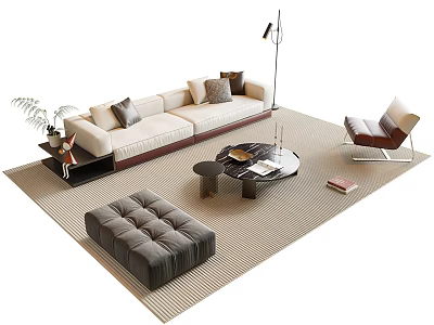 Modern Sofa and Coffee Table Set with Throw Pillows Ottoman Floor Lamp and Area Rug 3d model