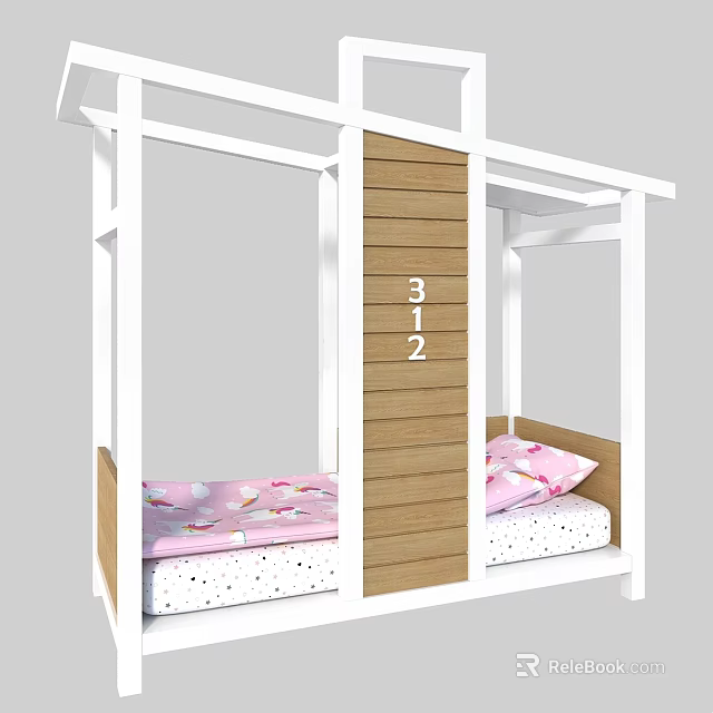 Kids Bed with White Frame Wooden Panel and Pink Mattress Featuring Number 312 3d model 