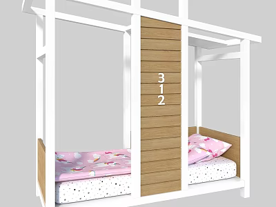 Kids Bed with White Frame Wooden Panel and Pink Mattress Featuring Number 312 3d model