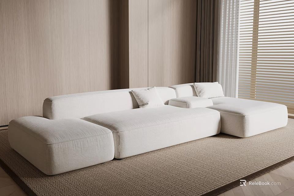 Minimalist Modern White Two Seater Sofa In Living Room With Wooden Wall And Blinds 3d model 