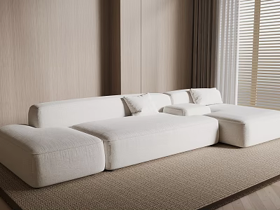 Minimalist Modern White Two Seater Sofa In Living Room With Wooden Wall And Blinds 3d model
