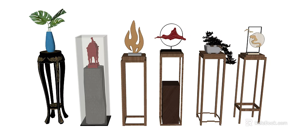 Modern Ornamental Decorative Set With Wooden Stands Abstract Flame And Potted Plant 3d model 