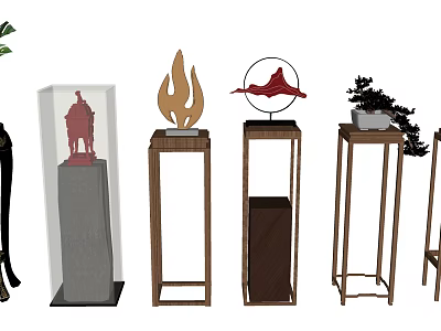 Modern Ornamental Decorative Set With Wooden Stands Abstract Flame And Potted Plant 3d model
