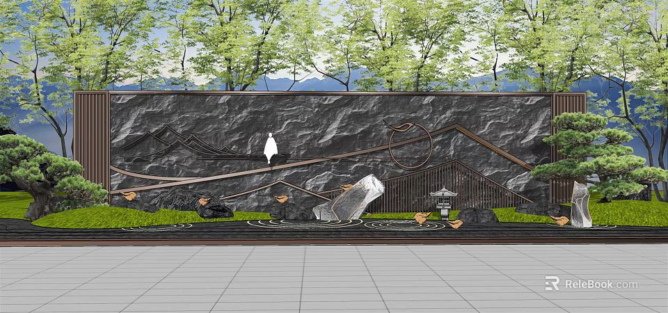 Modern Building Exterior Wall With Stone Texture Wooden Accents And Natural Landscape Elements 3d model 