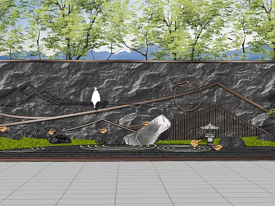 Modern Building Exterior Wall With Stone Texture Wooden Accents And Natural Landscape Elements 3d model