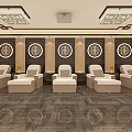 SPA Sauna Room Interior With Multiple Massage Beds Wooden Flooring And Circular Wall Decor